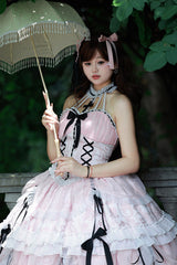 Pink Cross Halterneck Ruffle Bowknot Lace Lace-Up Princess Sweet Lolita Dress - Product - 4