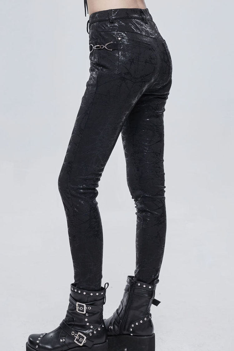 Black Punk Knitted Over Glue Metal Buckle Decoration Elasticity Leather Women's Leggings - Product - 3