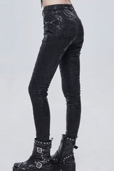 Black Punk Knitted Over Glue Metal Buckle Decoration Elasticity Leather Women's Leggings - Product - 3