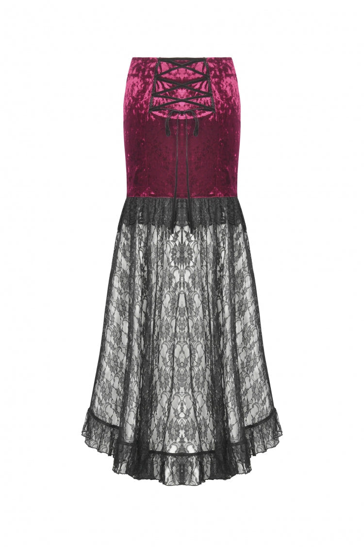 Black/Red Embroidered Velvet Spliced Lace Lace-Up Women's Gothic High/Low Maxi Skirt - Product - 14