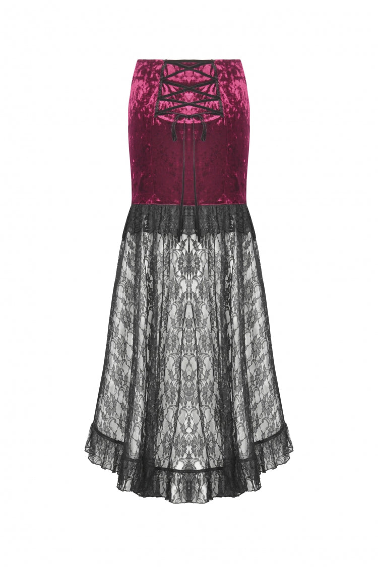 Black/Red Embroidered Velvet Spliced Lace Lace-Up Women's Gothic High/Low Maxi Skirt - Product - 14
