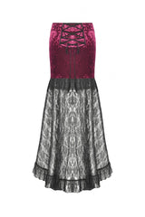 Black/Red Embroidered Velvet Spliced Lace Lace-Up Women's Gothic High/Low Maxi Skirt - Product - 14