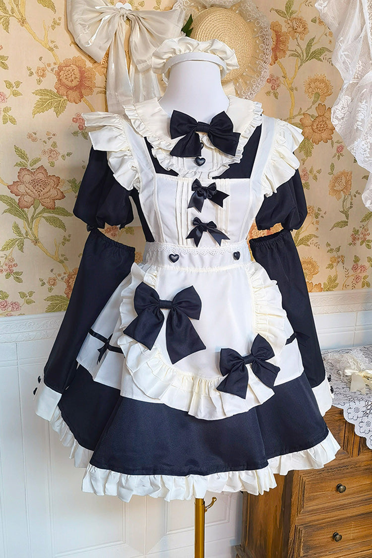Black/White Short Sleeves Ruffle Bowknot Lace Plus Size Sweet Maid Short Lolita Dress - Product - 2