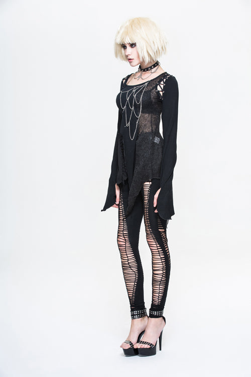 Black Sexy Asymmetrically Broken Holes Spiderweb Shape Chains Women Punk T-Shirt - Product - 8
