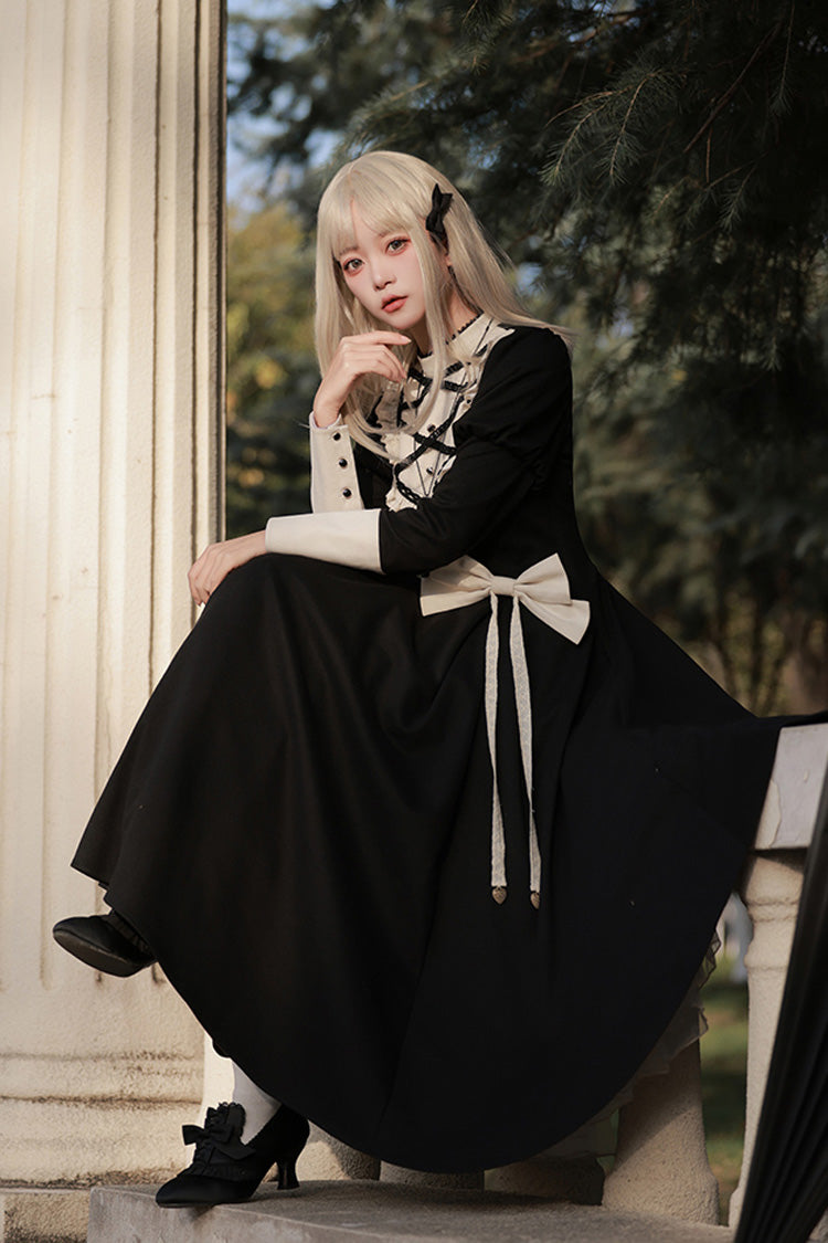 Black Nun Style Stand Collar Long Sleeves Ruffle Bowknot Gothic Elegant Lolita Dress - Product - 7