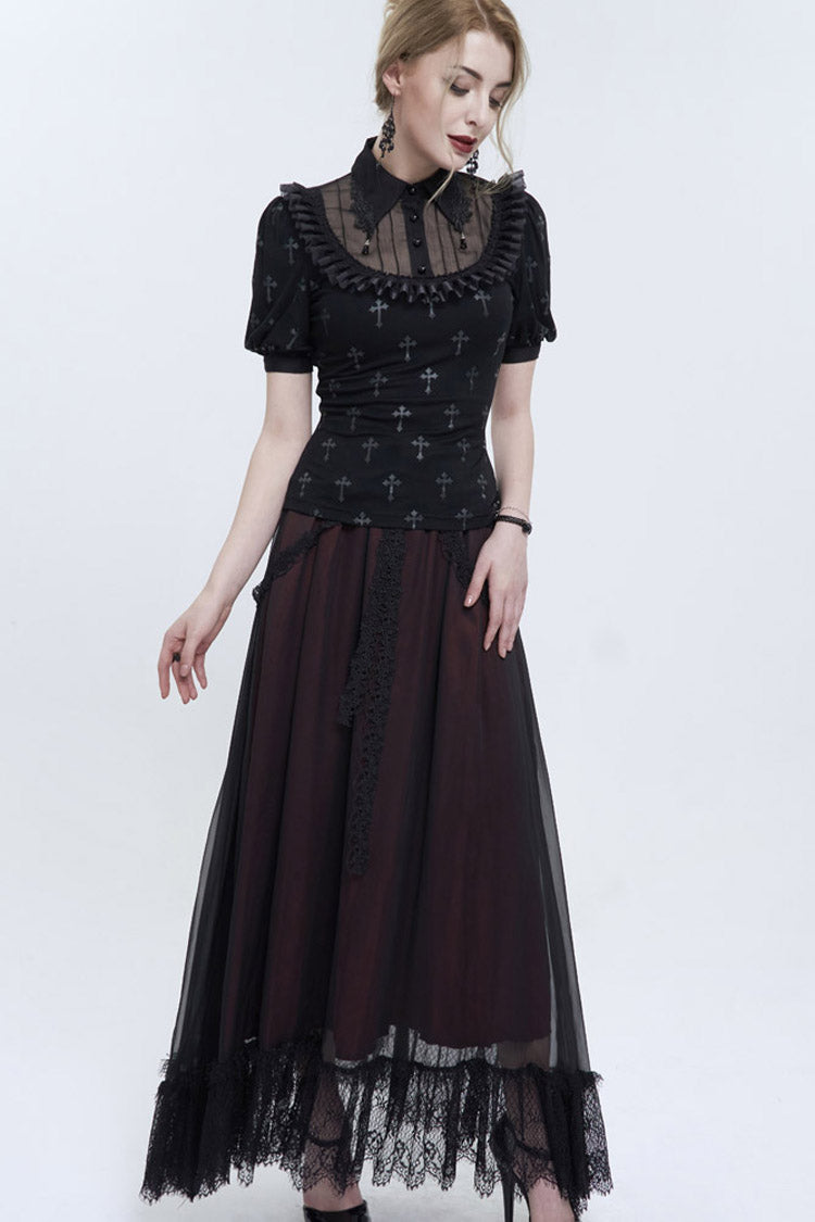 Black Chest Paneled Chiffon Lace Collar Lace Strap Pendant Cross Print Women's Punk Shirt - Product - 7