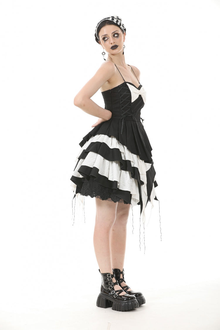 Black/White Sleeveless Multi-Layered Ruffled Bowknot Women's Gothic Slip Dress - Product - 9