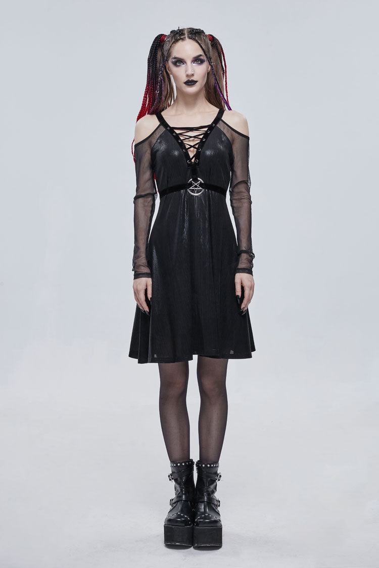 Black Stretch Knit Patchwork Fine Mesh V Neck Cross Tie Metal Pentagram Buckle Strap Women's Punk Dress - Product - 3
