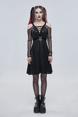 Black Stretch Knit Patchwork Fine Mesh V Neck Cross Tie Metal Pentagram Buckle Strap Women's Punk Dress - Product - 3