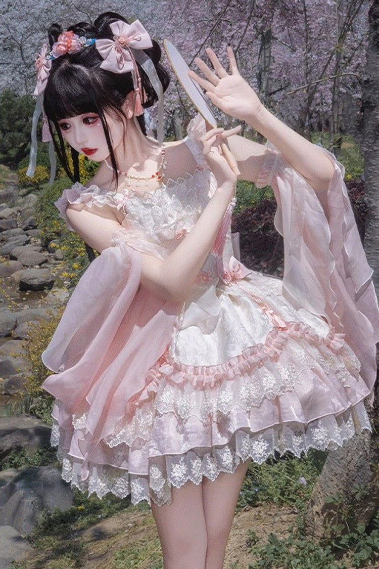 Pink [Lyrics in the Midst of Flowers] Ruffle Embroidery Bowknot Chinese Style Elegant Sweet Lolita Jsk Dress - Product - 4