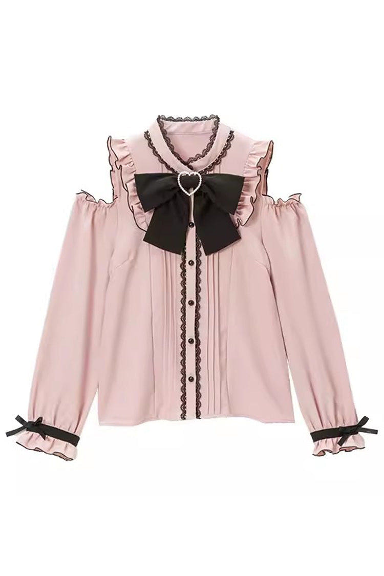 Off Shoulder Long Sleeves Bowknot Jirai Kei Japanese Lolita Blouse 3 Colors - Pink - 1