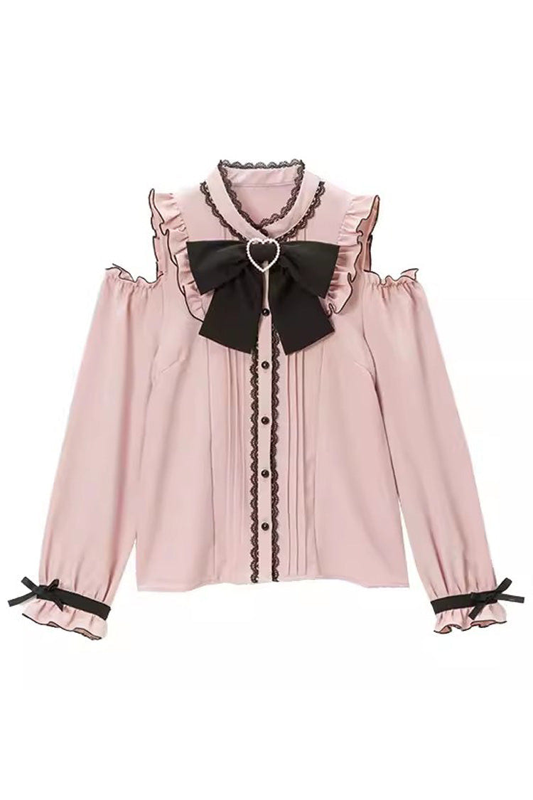 Off Shoulder Long Sleeves Bowknot Jirai Kei Japanese Lolita Blouse 3 Colors - Pink - 1