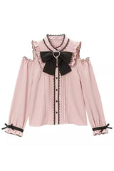 Off Shoulder Long Sleeves Bowknot Jirai Kei Japanese Lolita Blouse 3 Colors - Pink - 1
