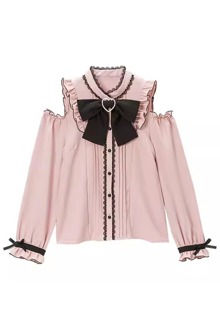 Off Shoulder Long Sleeves Bowknot Jirai Kei Japanese Lolita Blouse 3 Colors - Pink - 1
