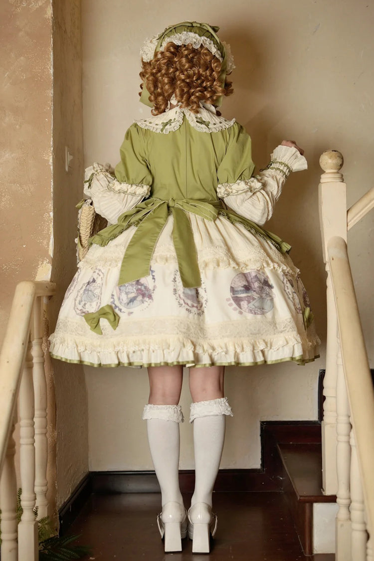 Green [Little Ida's Flowers] Short Sleeves Print Ruffle Bowknot Sweet Lolita Dress - Product - 3