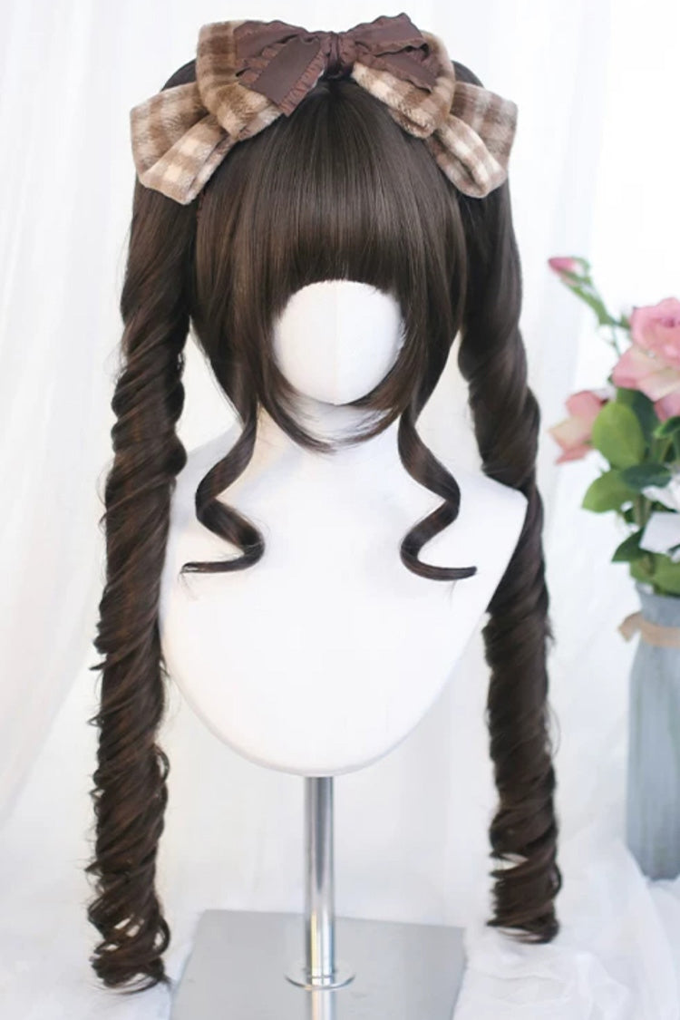 Long Roman Ringlet Curls with Twin Pigtails Sweet Lolita Wig Set 4 Colors - Cool-Brown - 1