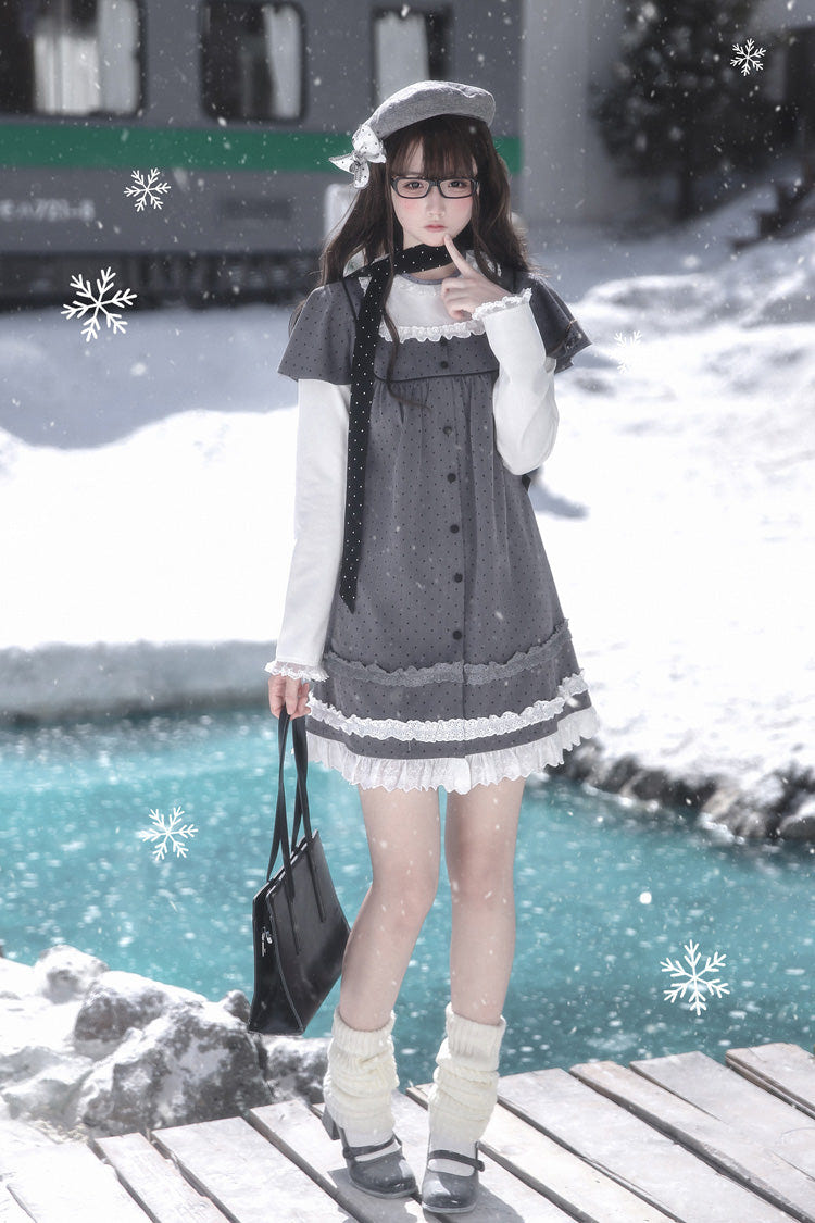 Grey Square Collar Long Sleeves Polka Dot Printed Ruffled Sweet Lolita Dress - Product - 9