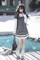 Grey Square Collar Long Sleeves Polka Dot Printed Ruffled Sweet Lolita Dress - Product - 9