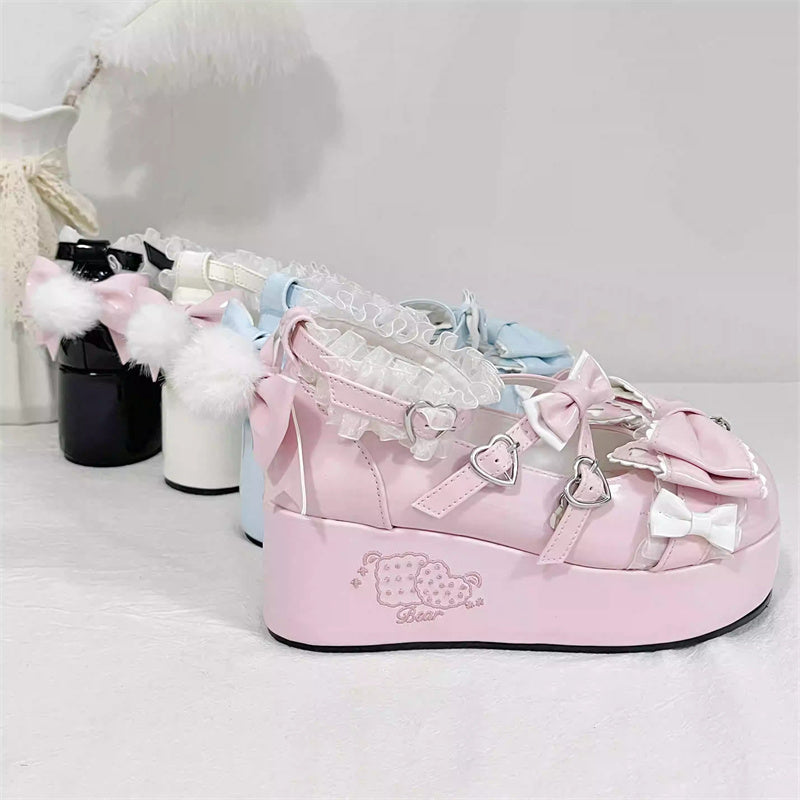 Confession Willingness Height Increasing Print Bowknot Lace Sweet Lolita Shoes 4 Colors - Product - 3