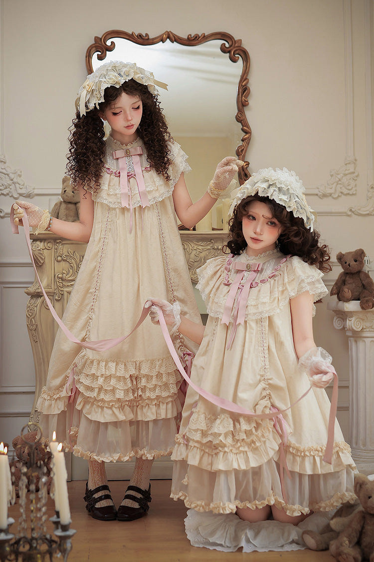 Apricot [Lily's Dream] Stand Collar Short Sleeves Loose-Fit Doll-Like Multi-Layered Ruffled Bow Lace Sweet Lolita Dress 2 Versions - Product - 9