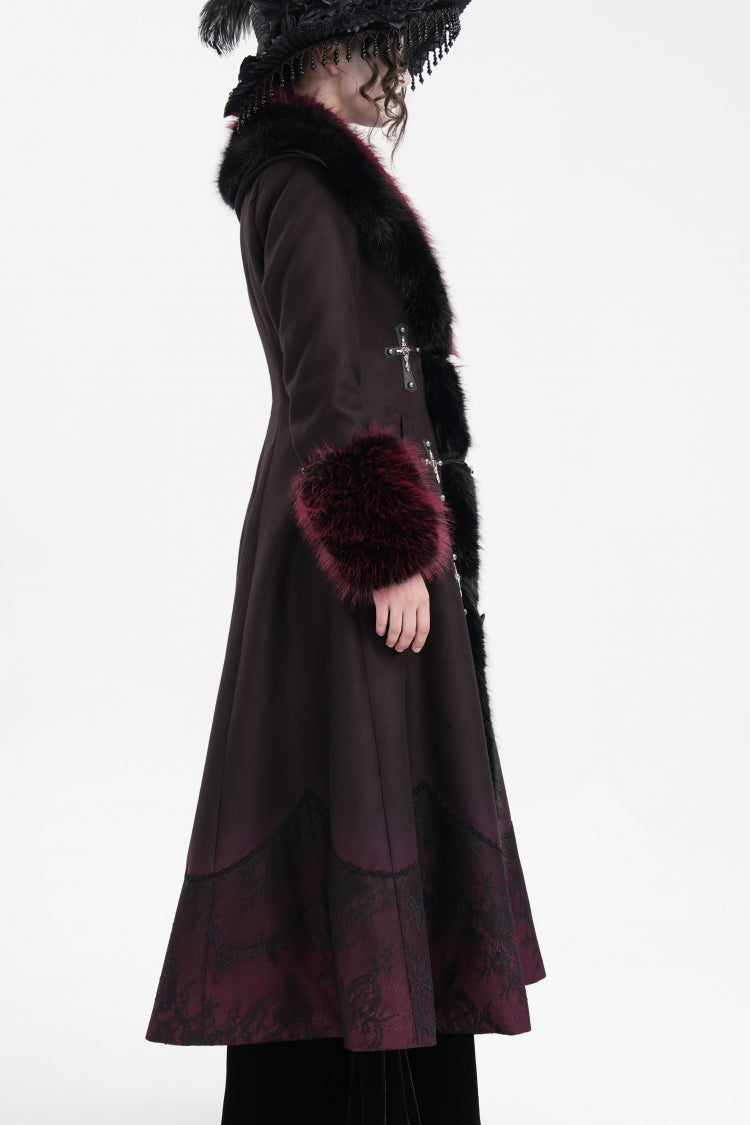 Black/Red Cross Long Sleeves Lace Women's Gothic Long Coat - Product - 5