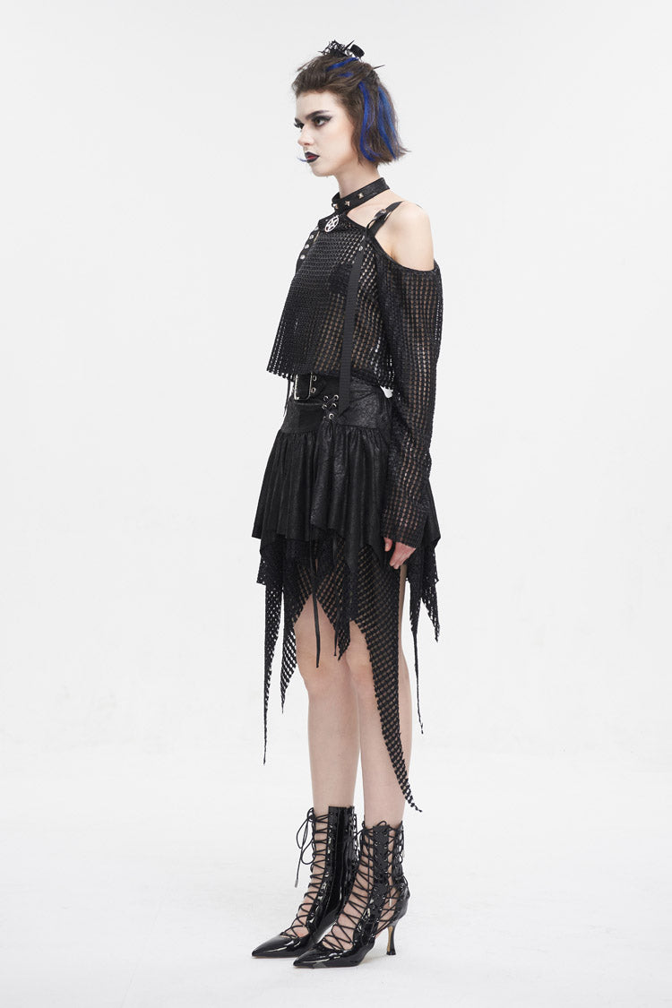 Black Off Shoulder Buckle Sheer Crop Women's Punk Shirt - Product - 5