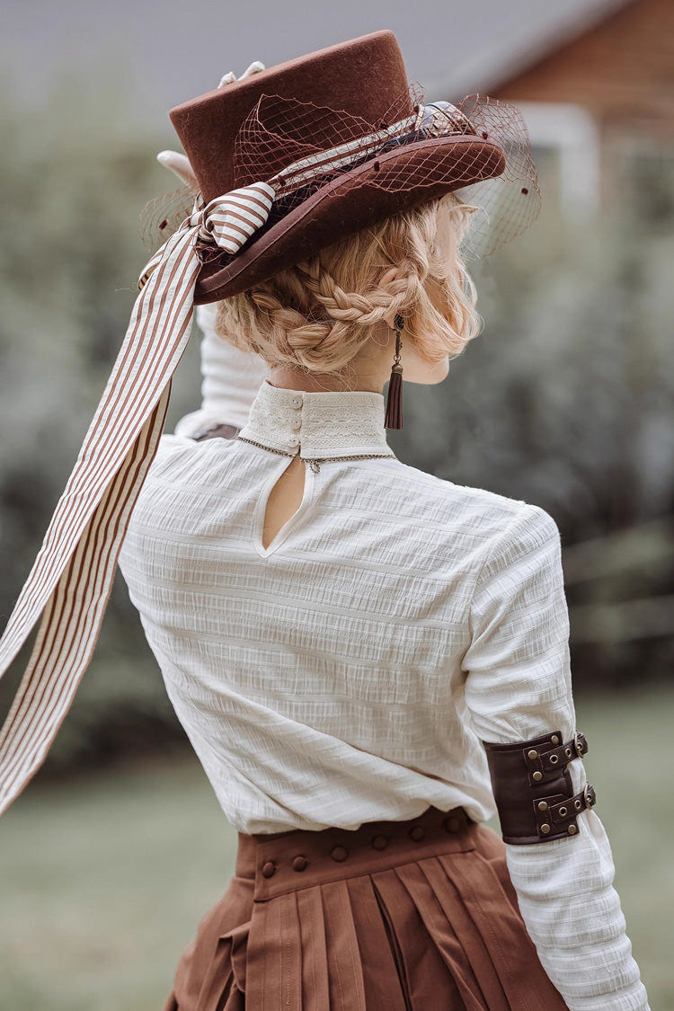 White Victorian Style Stand Collar Long Sleeves Embroidery Lace Classic Vintage Ouji Lolita Blouse - Product - 5