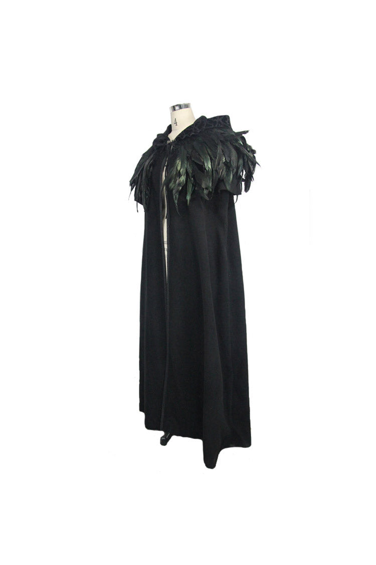 Black Detachable Feather 3D Ribbons Decorated Woollen Hooded Women's Gothic Cape - Product - 5