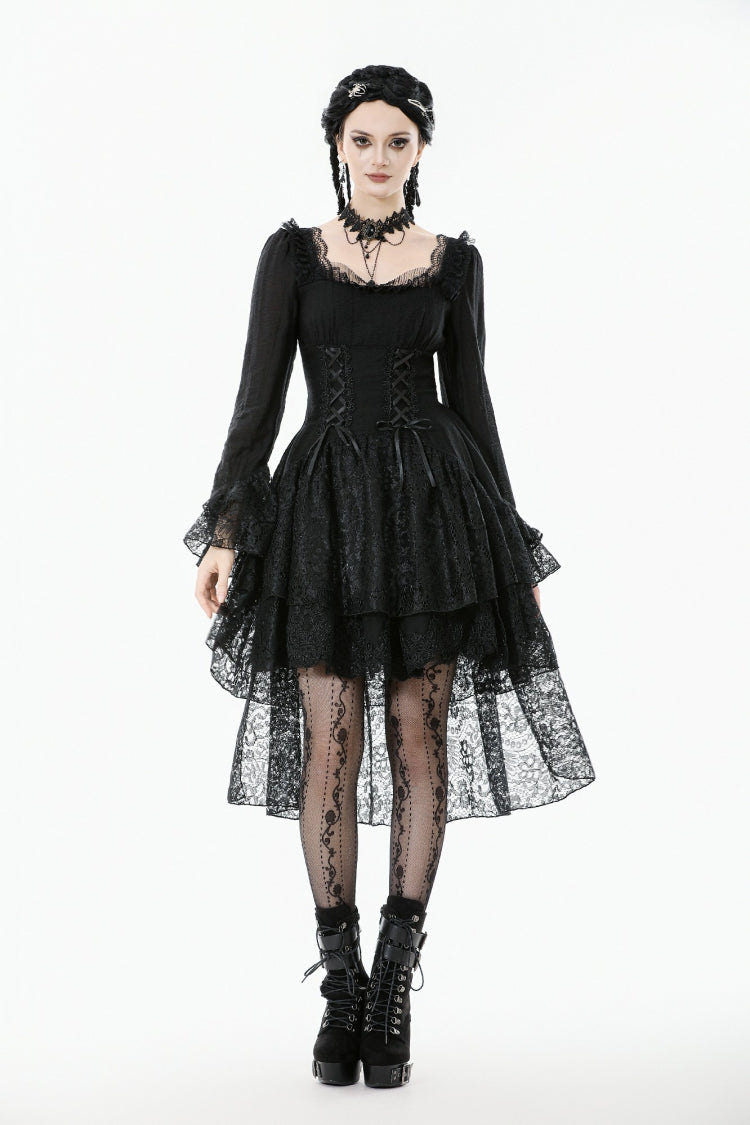 Black Square Collar Long Trumpet Sleeves Lace Lace-Up Multi-Layered High-Low Women's Gothic Dress - Product - 6