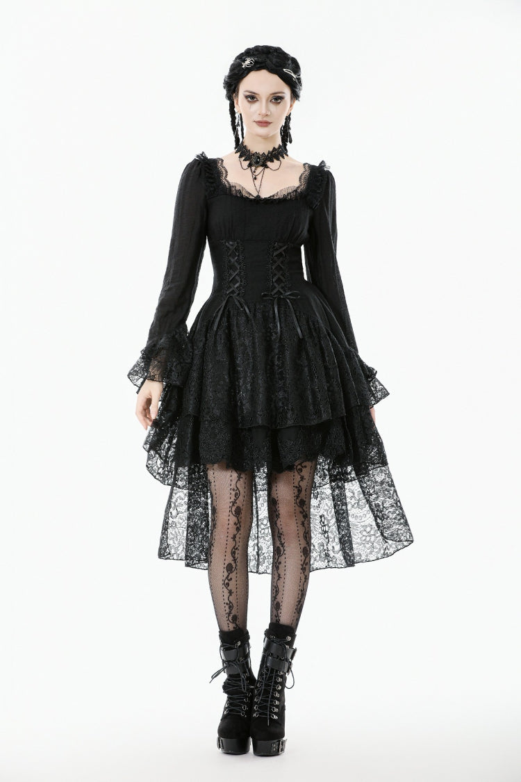 Black Square Collar Long Trumpet Sleeves Lace Lace-Up Multi-Layered High-Low Women's Gothic Dress - Product - 6