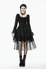 Black Square Collar Long Trumpet Sleeves Lace Lace-Up Multi-Layered High-Low Women's Gothic Dress - Product - 6