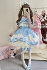 Blue Cream Multi-Layered Polka Dots Print Ruffle Bowknot Sweet Lolita Jsk Dress - Product - 5