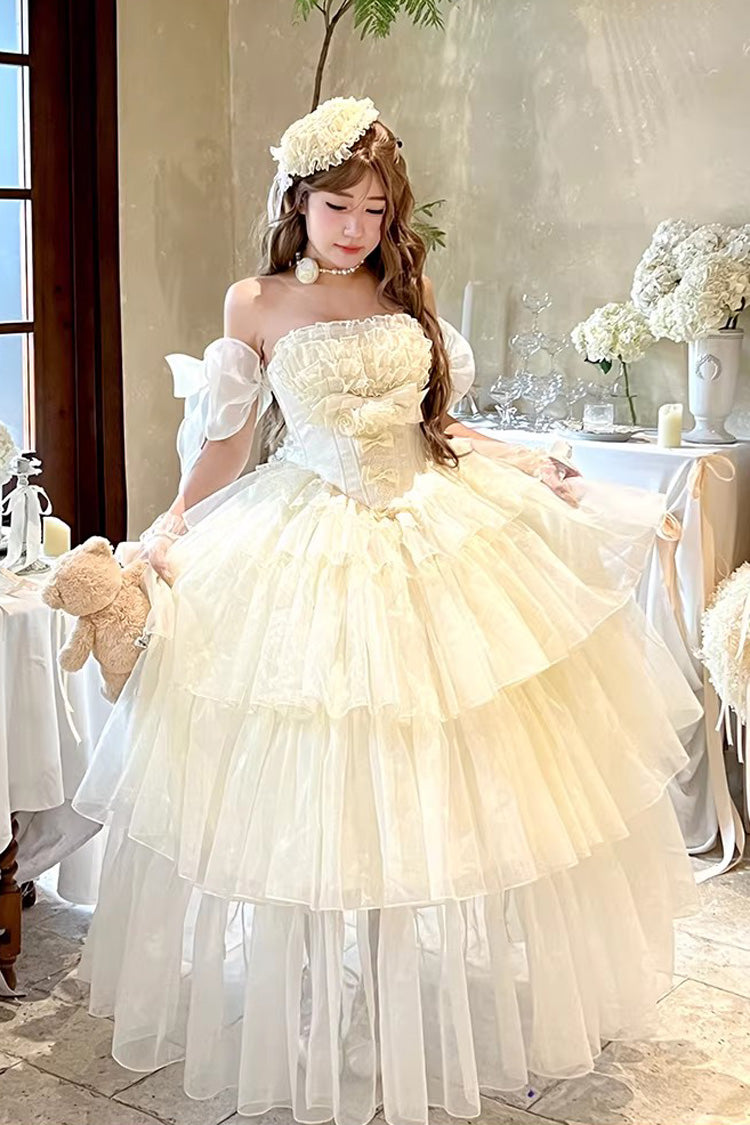 Beige [Mousse Serenade] Triple-Layered Ruffled Hanayome Bow Lace Sweet Princess Lolita Strapless Dress - Product - 5