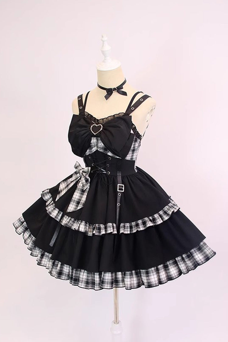 Black/White Plaid Print Color Contrast Leather Buckle Bowknot Ruffle Gothic Lolita JSK Dress - Product - 4