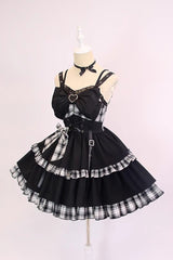 Black/White Plaid Print Color Contrast Leather Buckle Bowknot Ruffle Gothic Lolita JSK Dress - Product - 4