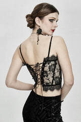 Black Adjustable Flocking Ribbons Decorated Lace Halter Gothic Corset - Product - 2