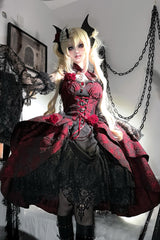 Black/Red [Weeping Rose] Jacquard Print Ruffle Cardigan Bowknot Lace-Up Gothic Lolita Dress - Product - 7