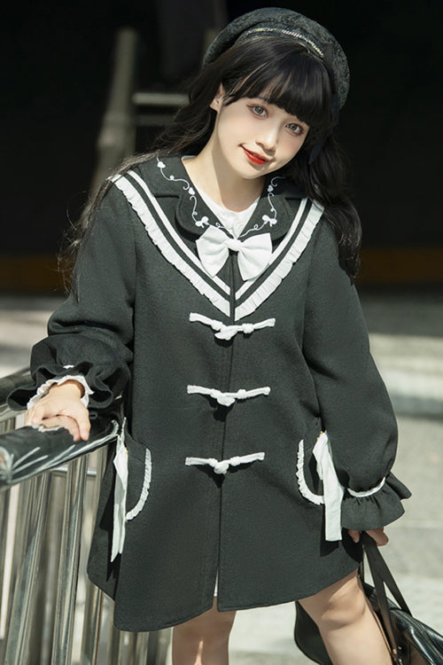 Black Horn Button Suit Collar Lantern Sleeves Back Bow Sweet Lolita Coat - Product - 4