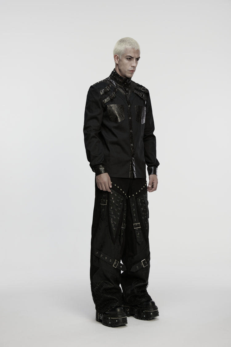 Black Studded Buckled Eyelet Men's Punk Pants - Product - 3
