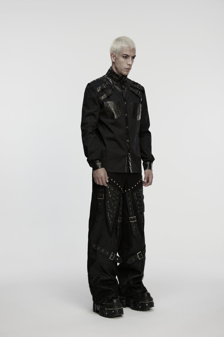 Black Studded Buckled Eyelet Men's Punk Pants - Product - 3