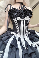 [Thousand Paper Cranes] Sleeveless Multi-Layered Ruffle Bowknot Lace-Up Fishbone Gothic Lolita Jsk Dress 4 Colors - Product - 9