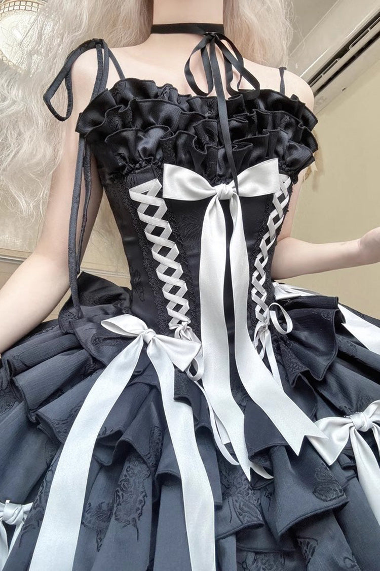 [Thousand Paper Cranes] Sleeveless Multi-Layered Ruffle Bowknot Lace-Up Fishbone Gothic Lolita Jsk Dress 4 Colors - Product - 9