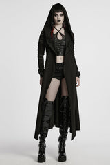 Black Long Sleeves Hooded Ripped Buckle Women's Punk Long Coat - Product - 4