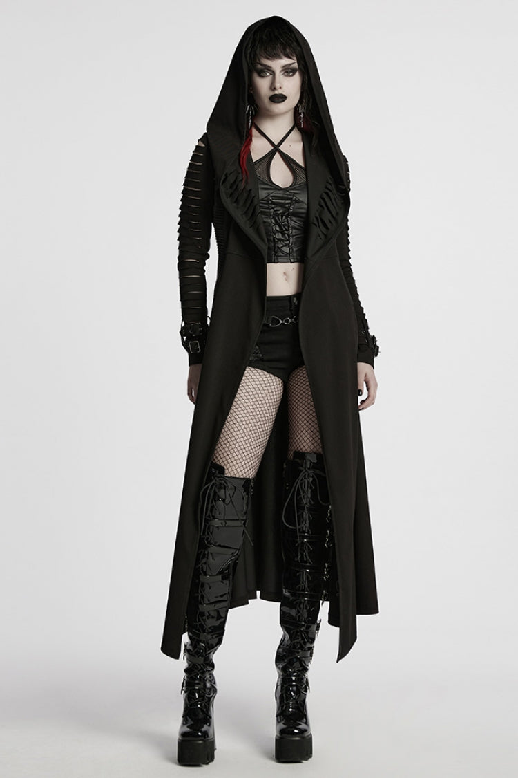 Black Long Sleeves Hooded Ripped Buckle Women's Punk Long Coat - Product - 4
