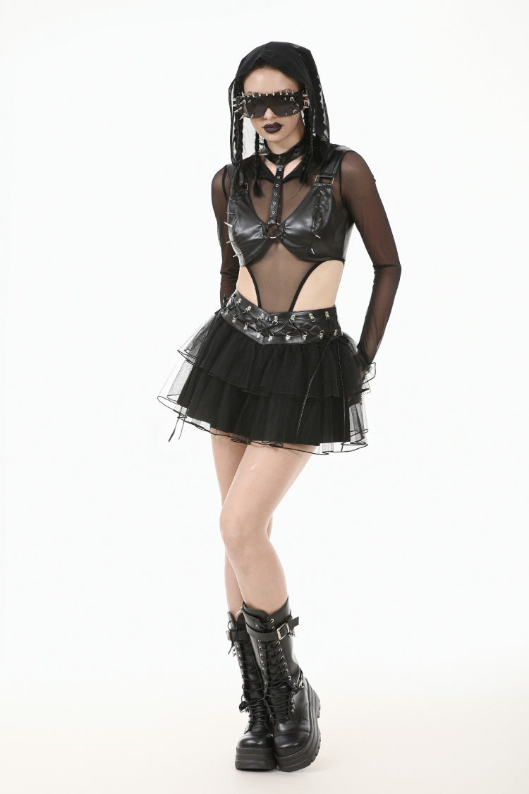 Black Metal Studded Women's Punk Faux Leather Bustier Crop Top with Adjustable Clasps - Product - 10