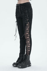 Black Stretch Twill Paneled Mesh Perforated Women's Punk Trousers - Product - 4