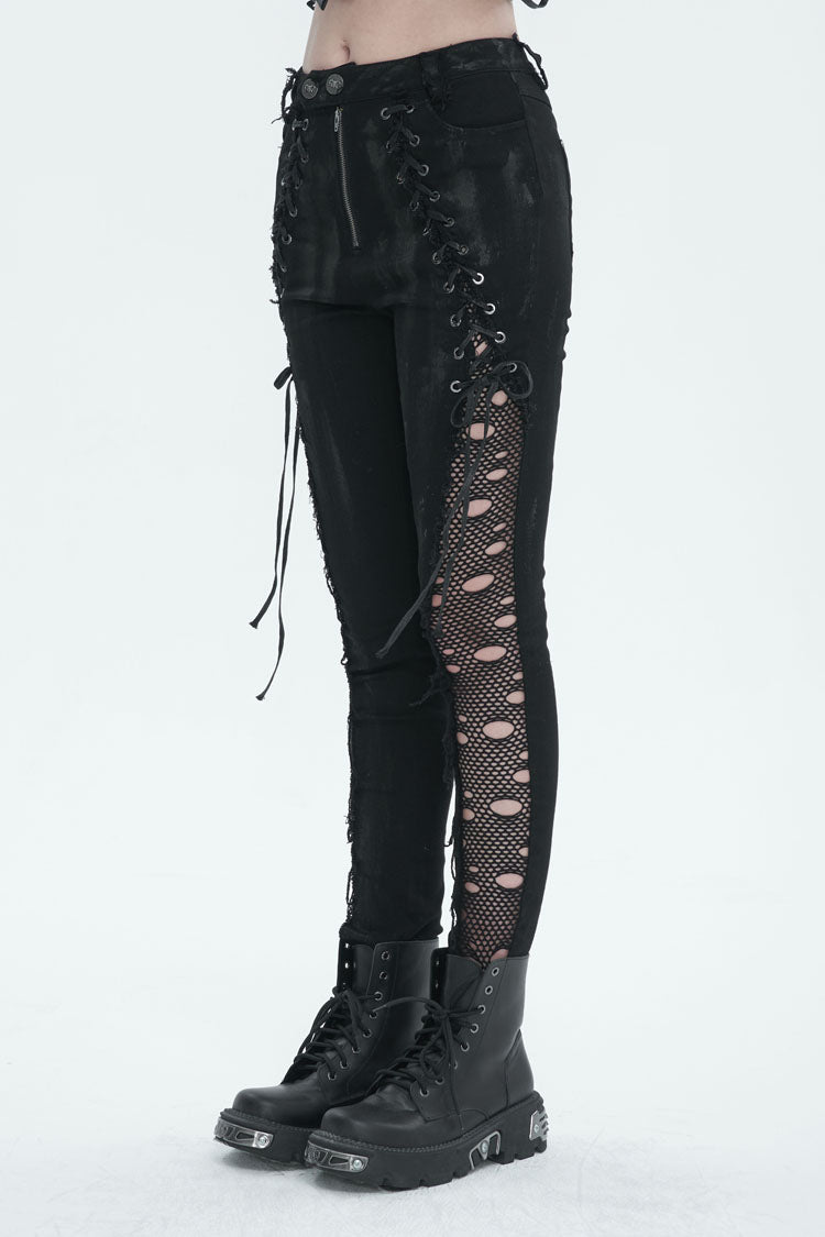 Black Stretch Twill Paneled Mesh Perforated Women's Punk Trousers - Product - 4