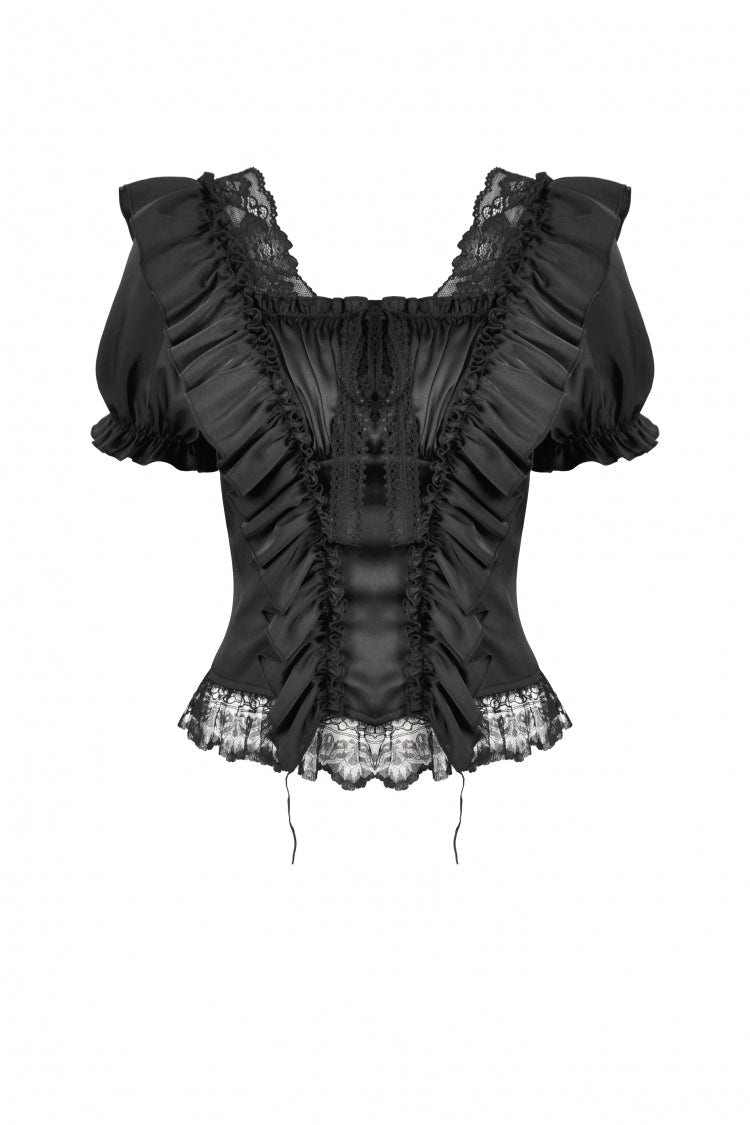 Black Square Collar Short Sleeves Ruffled Lace Lace-Up Women's Gothic Rococo Corset Top - Product - 3