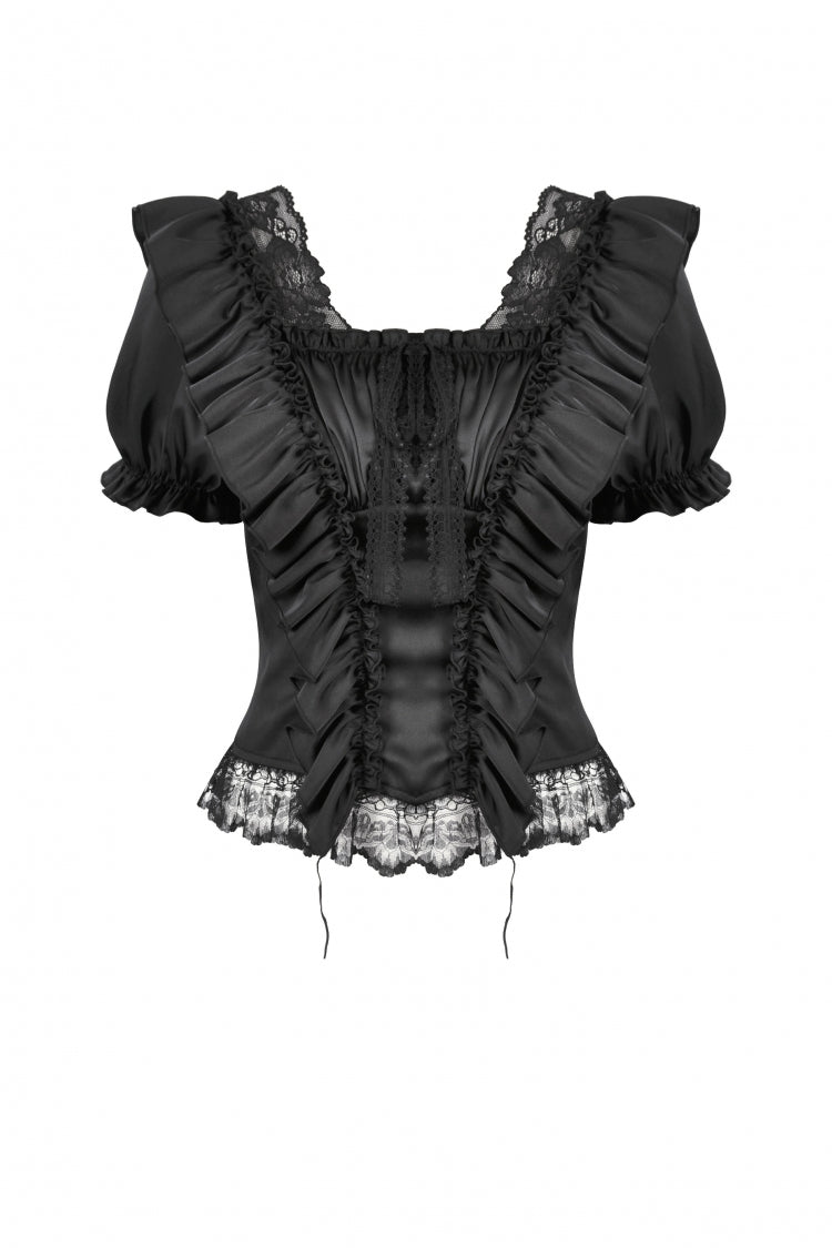 Black Square Collar Short Sleeves Ruffled Lace Lace-Up Women's Gothic Rococo Corset Top - Product - 3