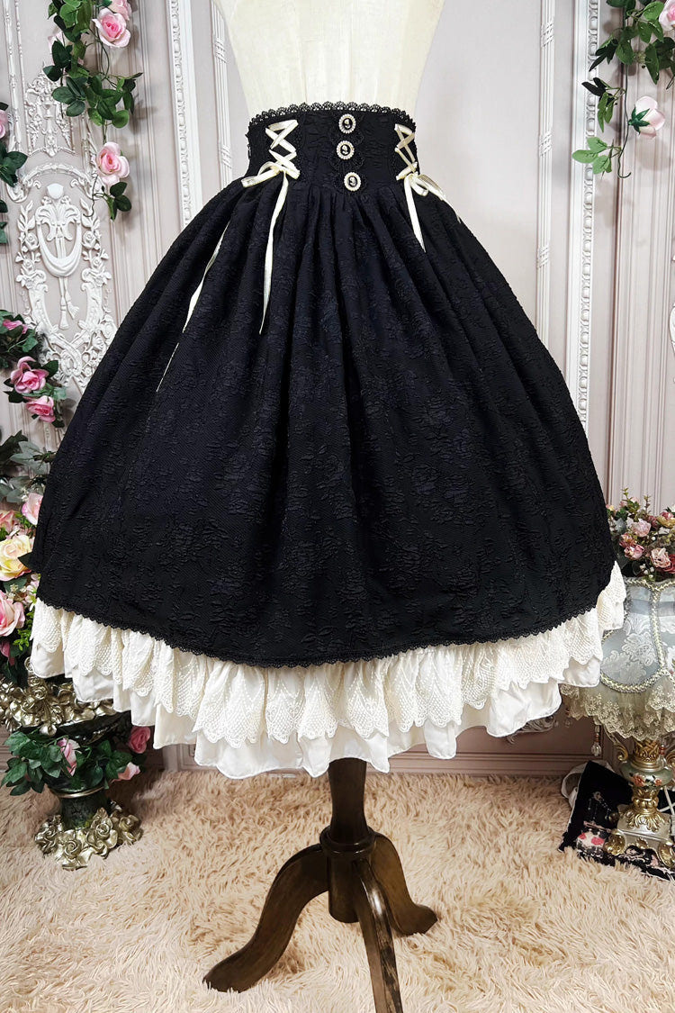 Black [Heart of Rose] High Waisted Ruffle Embroidery Lace-Up Sweet Vintage Elegant Palace Lolita Skirt - Product - 3